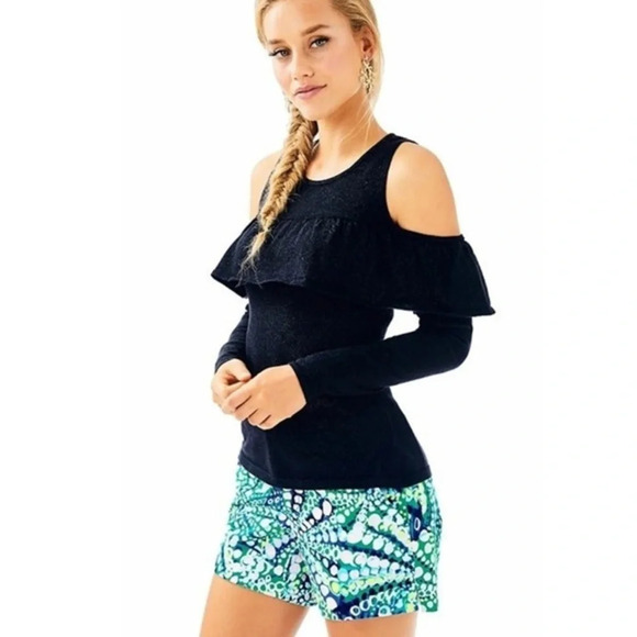 Lilly Pulitzer Cold Shoulder Sweater Women’s XS Black Metallic Peplum - Picture 1 of 4
